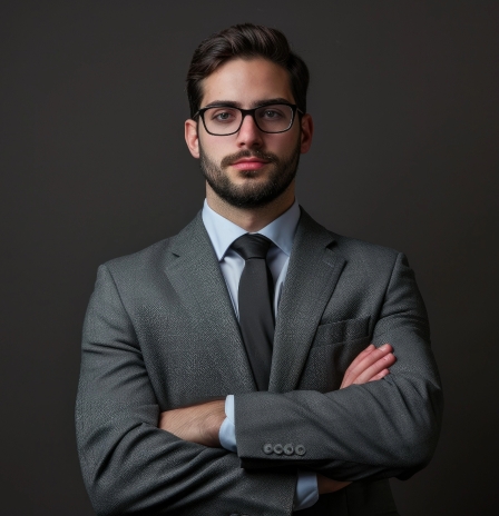 Man in a suit with crossed arms against a dark background.