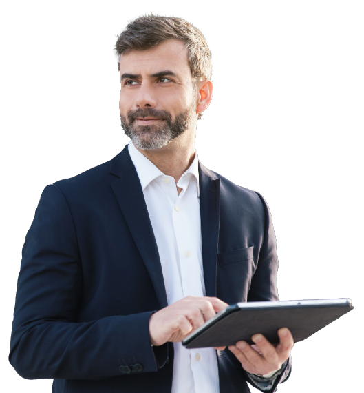 Man wiht business attire using his tab